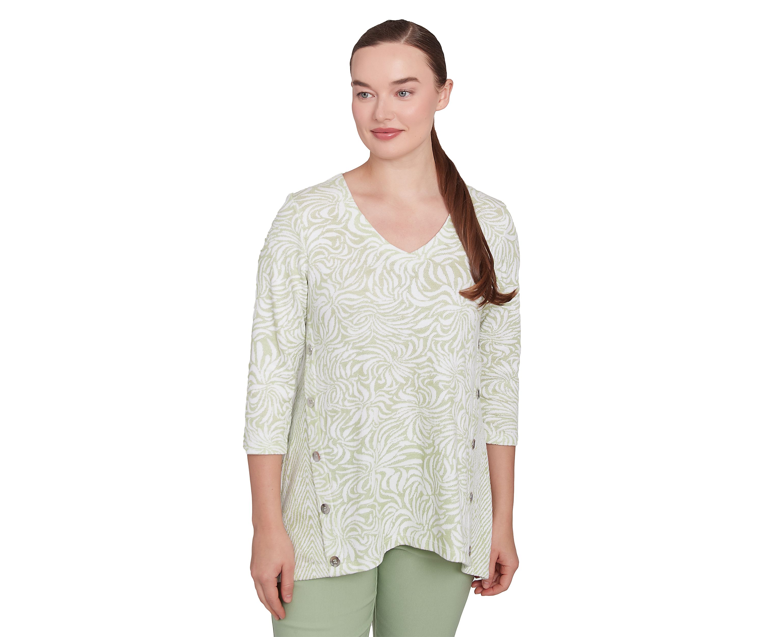Womens Swirl Jacquard Button Knit Top