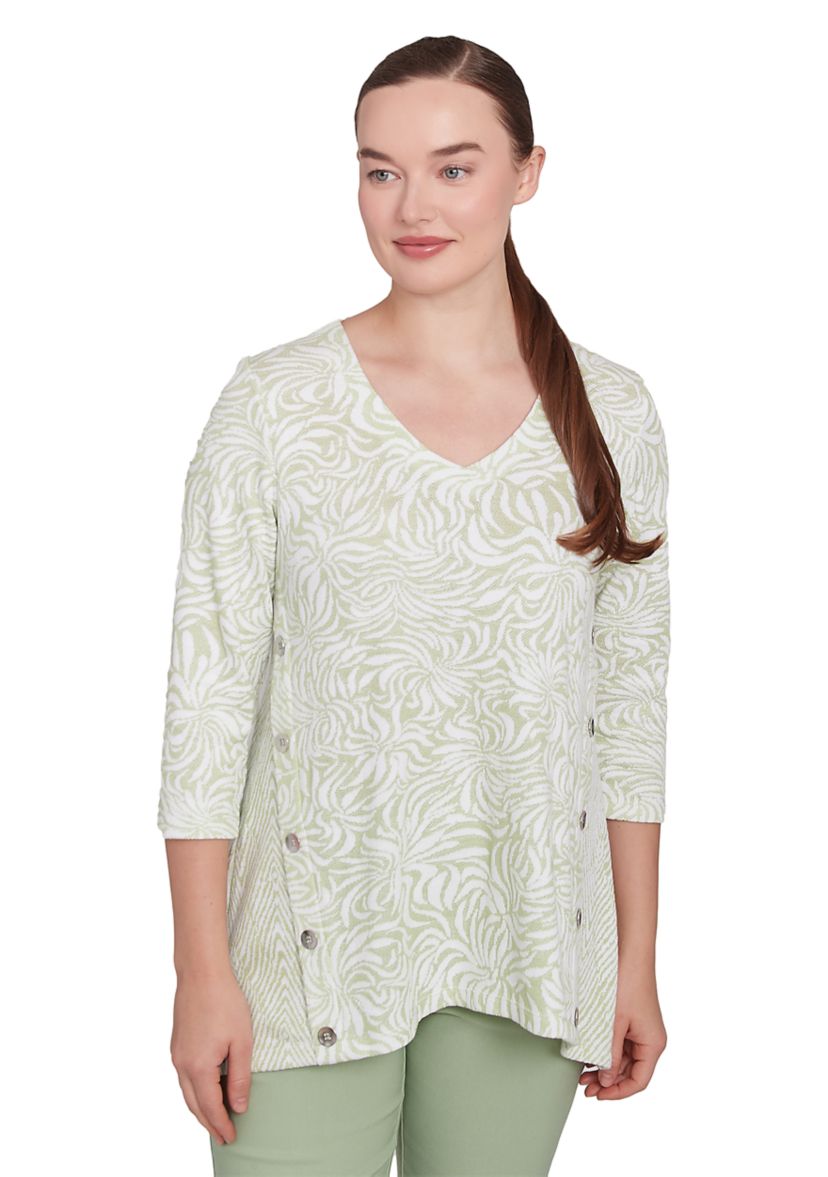 Womens Swirl Jacquard Button Knit Top