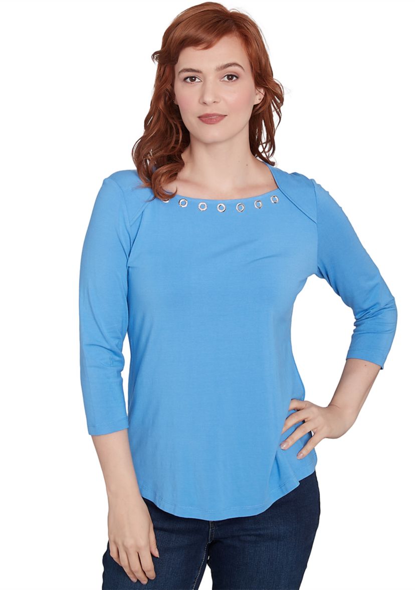 Womens Embellished Envelope Neck Solid Knit Top