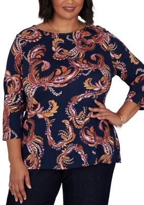 Ruby Rd Women's Plus Size Boat Neck Paisley Print Knit Top, 3XL
