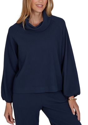 Ruby Rd Women's Petite Bubble Sleeve Cowl Neck Rib Knit Top