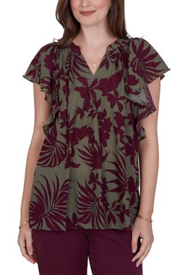 Ruby Rd Women's Tropical Print Gauze Flutter Sleeve Top