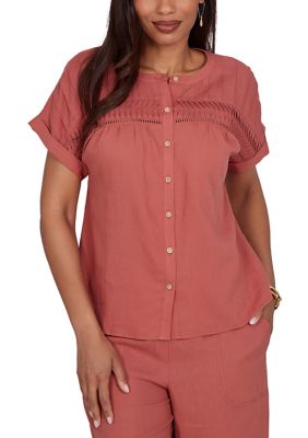 Ruby Rd Women's Lightweight Pleated Short Sleeve Button Front Top