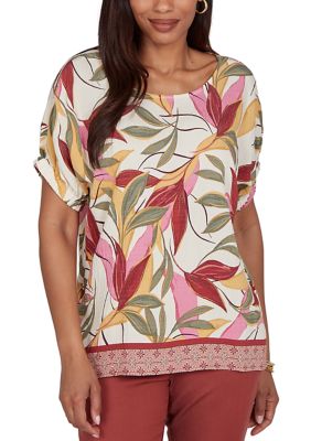 Ruby Rd Women's Textured Leaf Print Short Sleeve Top