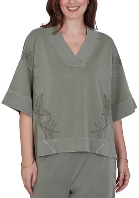 Ruby Rd Women's Tropical Embroidered French Terry Knit Top