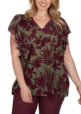 Ruby Rd Women's Plus Size Tropical Print Gauze Flutter Sleeve Top, 3X