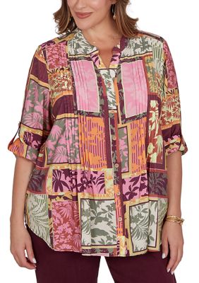 Ruby Rd Women's Plus Size Tropical Patchwork Voile Button Front Top, 3X