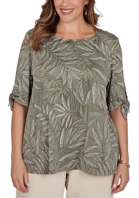 Ruby Rd Women's Leaf Puff Print Knit Tie Sleeve Top