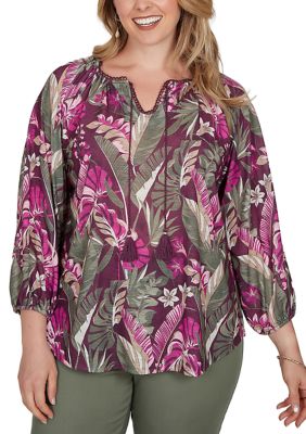 Ruby Rd Women's Plus Size Tropical Print Knit Tassel Top, 3X