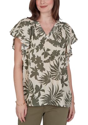 Ruby Rd Women's Petite Tropical Print Gauze Flutter Sleeve Top