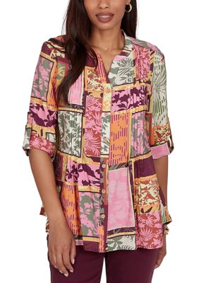 Ruby Rd Women's Petite Tropical Patchwork Voile Button Front Top
