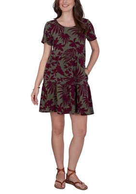 Ruby Rd Women's Petite Tropical Print Stretch Cotton Tiered Pocket Dress
