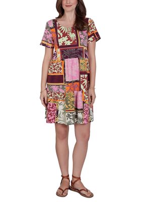 Ruby Rd Women's Petite Tropical Patchwork Stretch Cotton Tiered Pocket Dress