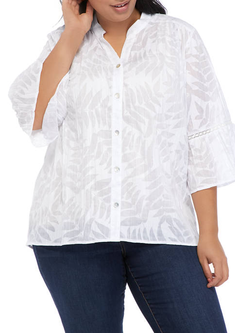 Plus Size White Out Textured Crinkle Burnout Woven Leaf Button-Front Top