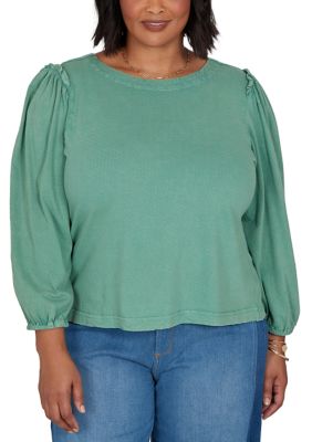 Ruby Rd Women's Plus Size Solid Textured Shoulder Ruffle Top