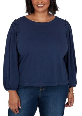Ruby Rd Women's Plus Size Solid Textured Shoulder Ruffle Top, Navy Blue, 3XL