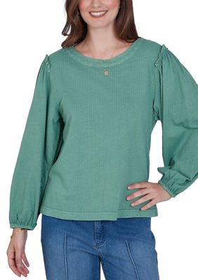 Ruby Rd Women's Petite Solid Textured Shoulder Ruffle Top, PXL