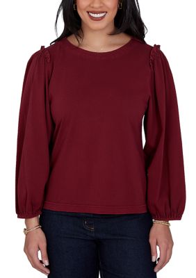 Ruby Rd Women's Petite Solid Textured Shoulder Ruffle Top