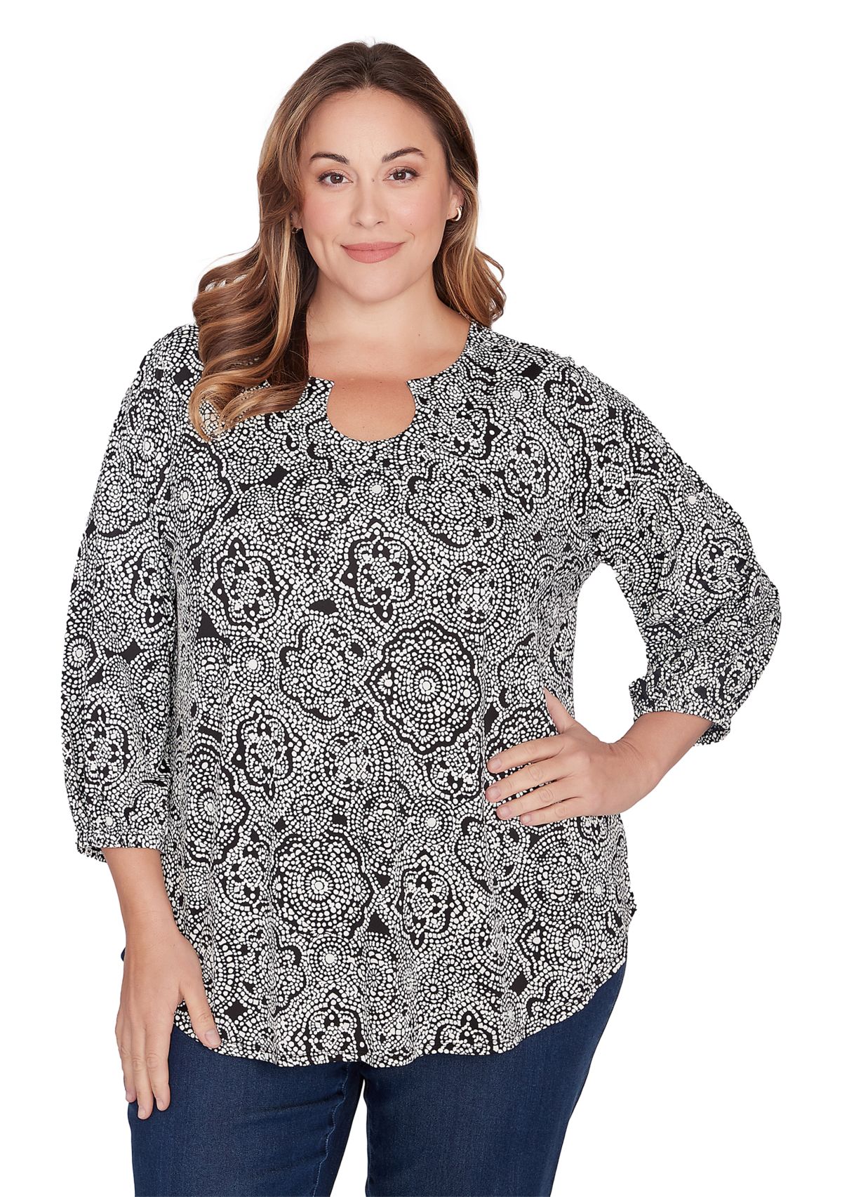 Plus Size Medallion Puff Printed Knit Top