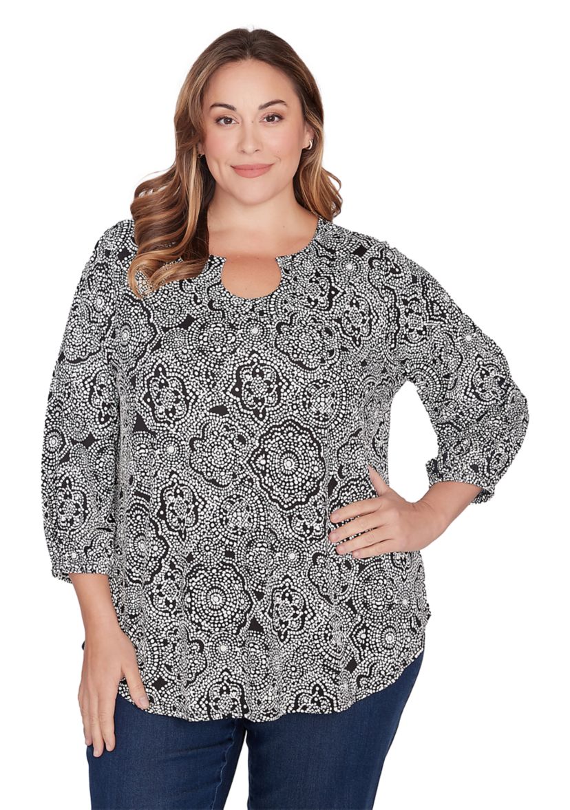 Plus Size Medallion Puff Printed Knit Top