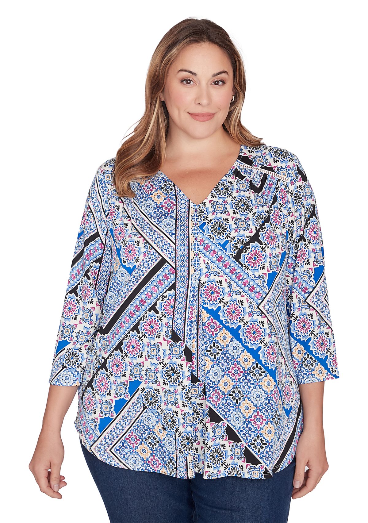 Plus Size Patchwork Printed Knit Top