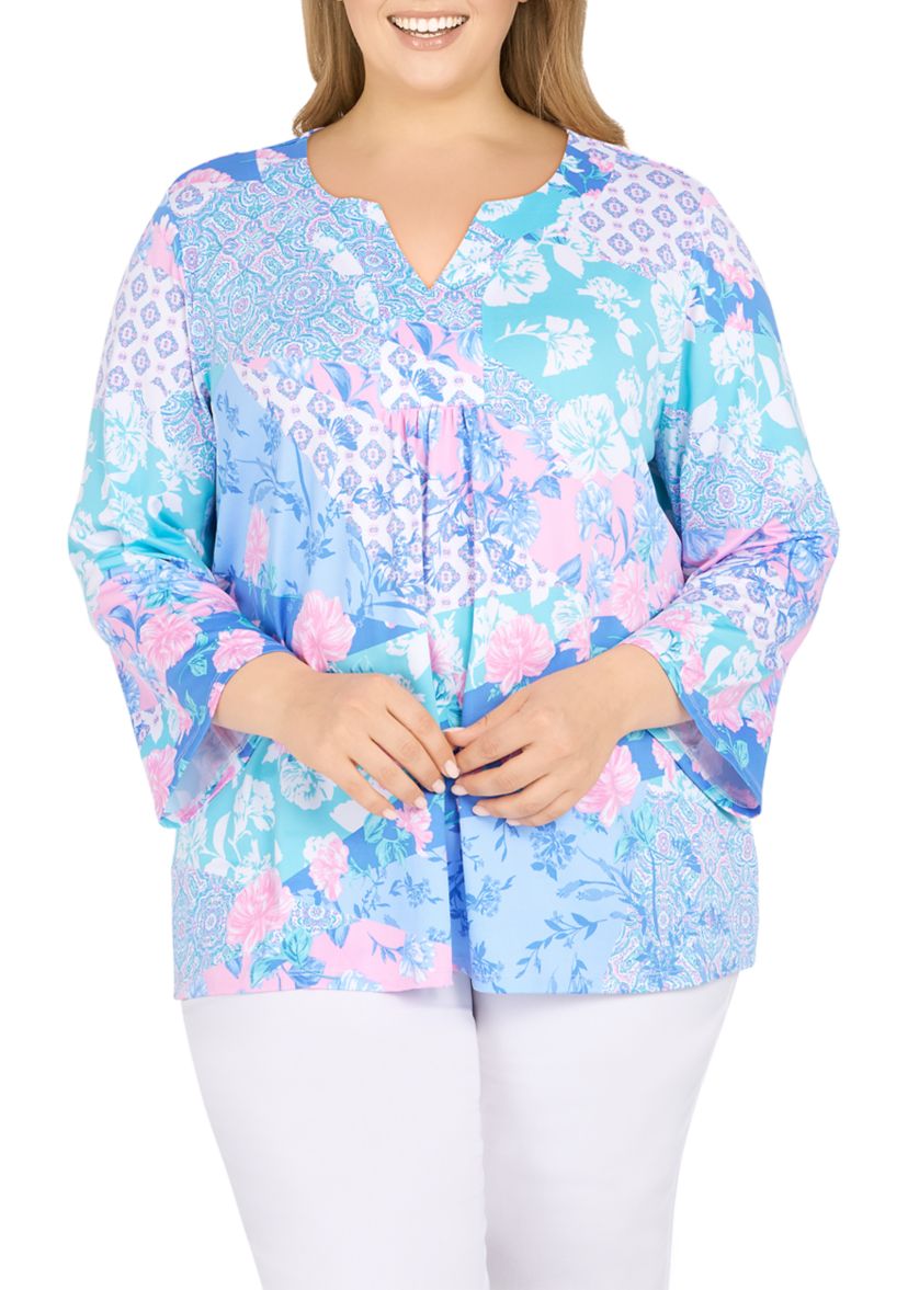 Plus Size Knit Patchwork Print Top 