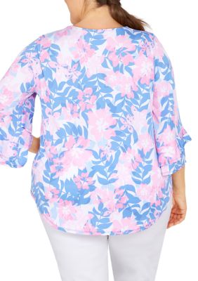 Plus Knit Hibiscus Print Top