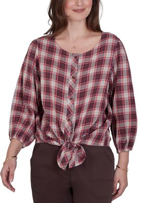 Ruby Rd Women's Plaid Tied Button Front Top