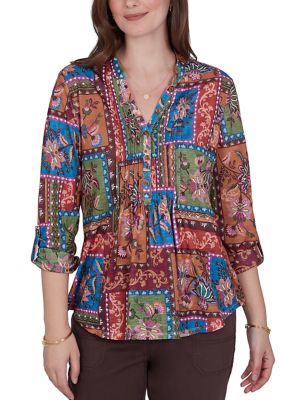 Ruby Rd Women's Tapestry Floral Button Front Top
