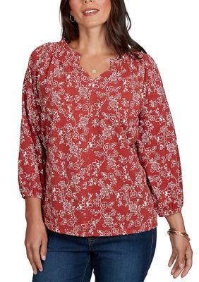 Ruby Rd Women's Floral Smocked Ruffle Neck Top