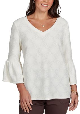 Ruby Rd Women's Floral Jacquard Textured Solid Knit Top, Ivory, XL