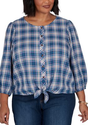 Ruby Rd Women's Plus Size Plaid Tied Button Front Top, 3XL