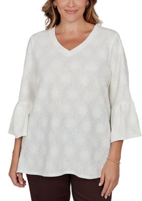 Ruby Rd Women's Plus Size Floral Jacquard Textured Solid Knit Top, Ivory, 3XL