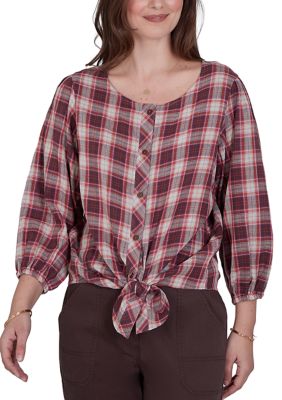 Ruby Rd Women's Petite Plaid Tied Button Front Top