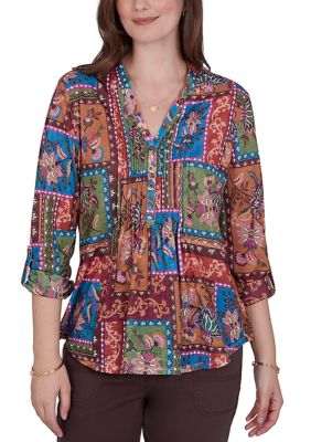 Ruby Rd Women's Petite Tapestry Floral Button Front Top