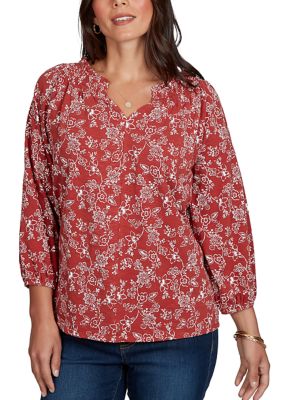Ruby Rd Women's Petite Floral Smocked Ruffle Neck Top