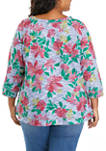 Plus Size Must Haves 3/4 Sleeve Floral Marled Slub Top 