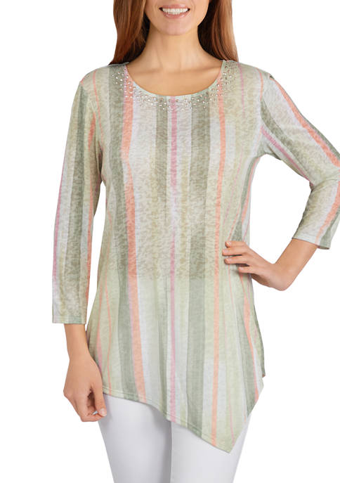 Ruby Rd Womens Embellished Watercolor Striped Burnout Top
