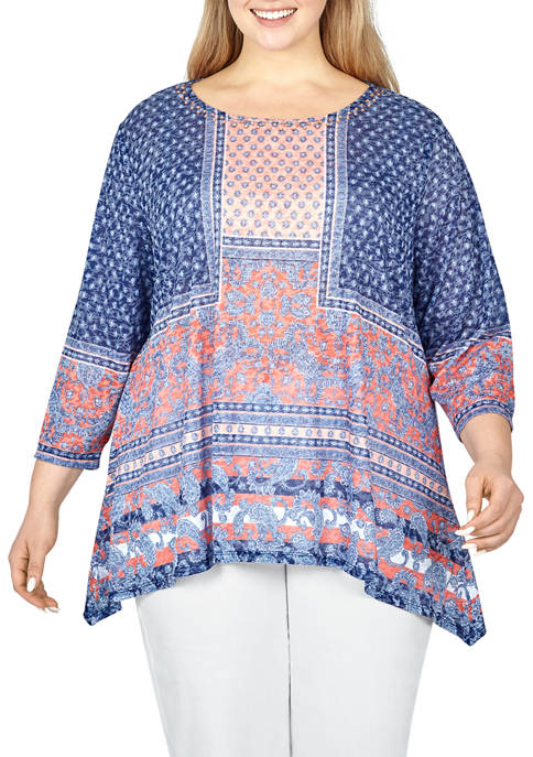 Ruby Rd Plus Embellished Patchwork Paisley Burnout Top