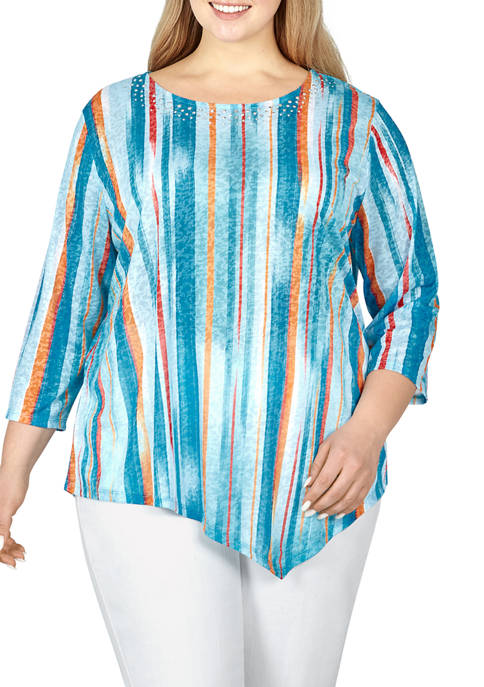 Ruby Rd Plus Size Embellished Watercolor Striped Burnout