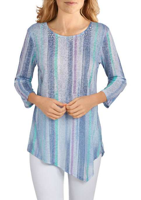 Petite Embellished Watercolor Striped Burnout Top