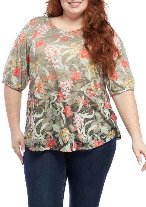 Plus Size Must Haves II Embellished Tropical Ombré Printed Burnout Top