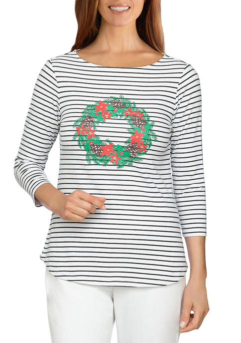 Ruby Rd Womens Embellished Striped Wreath Top