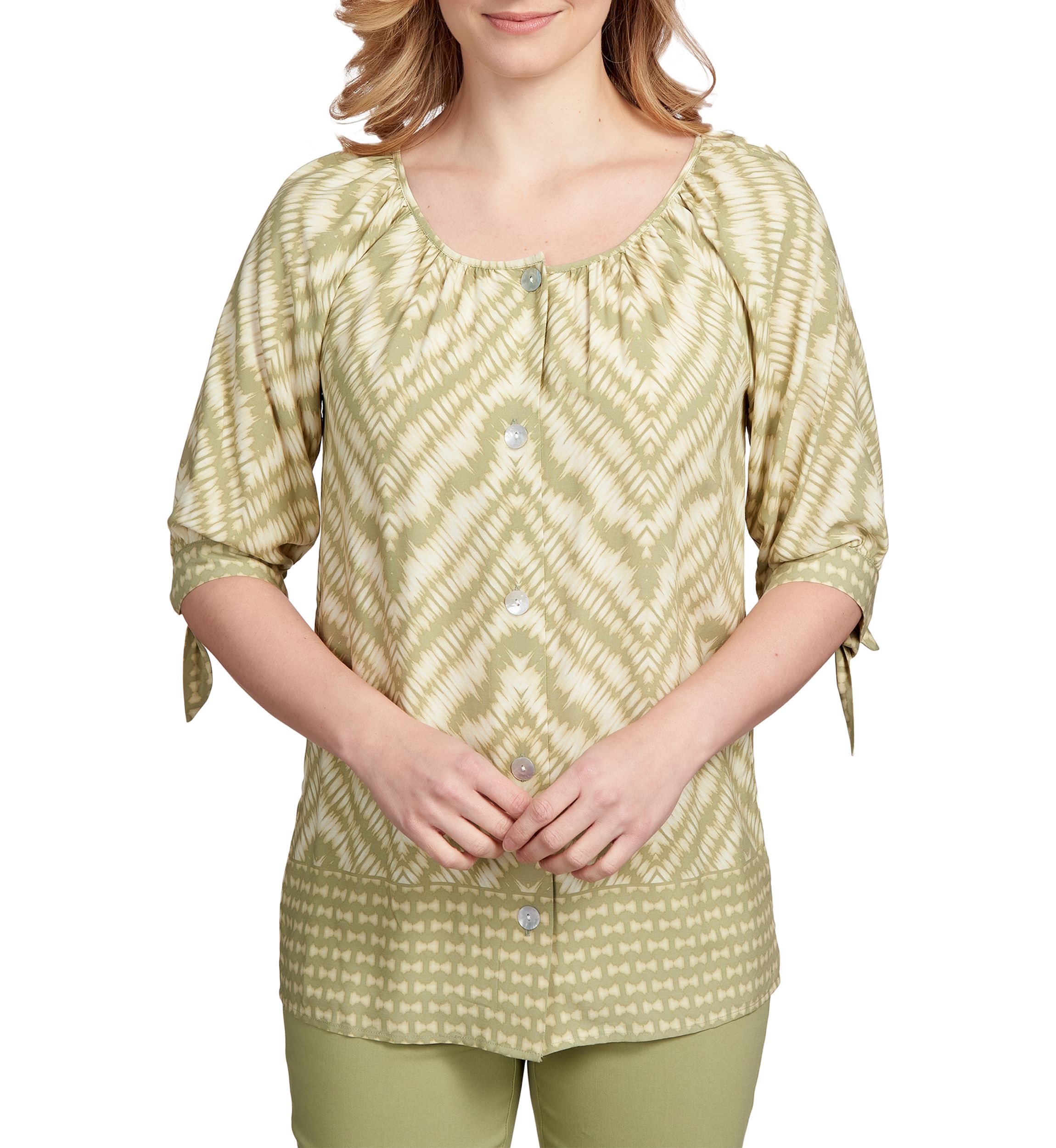 Womens Ikat Printed Silky Fuji Elbow Sleeve Top