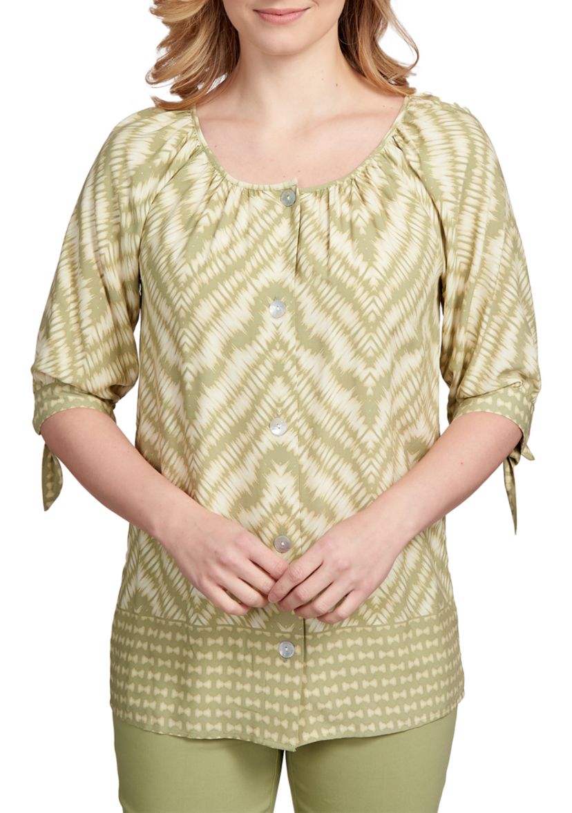 Womens Ikat Printed Silky Fuji Elbow Sleeve Top
