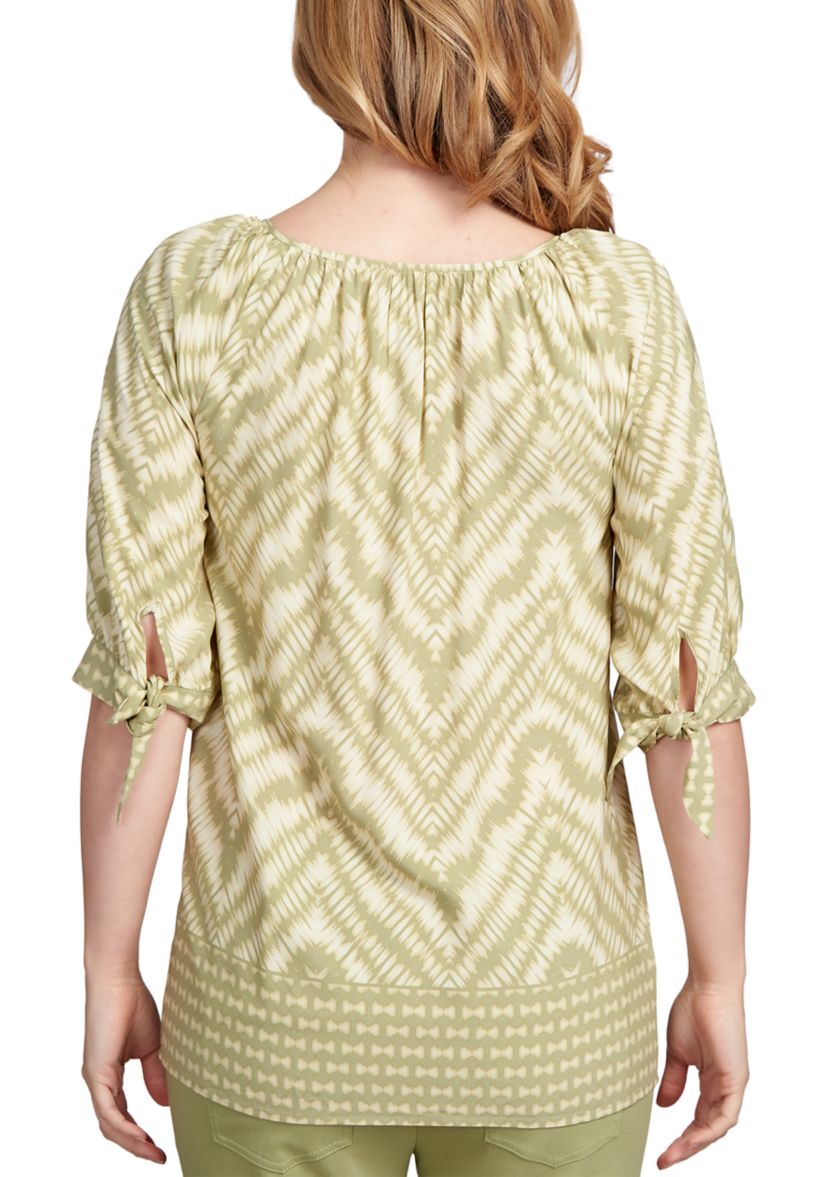 Womens Ikat Printed Silky Fuji Elbow Sleeve Top