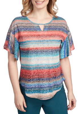 Women's Keyhole Neck Striped Burnout Short Sleeve Top