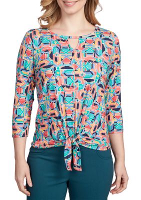 Women's Keyhole Neck Geometric Print Tie Front Top