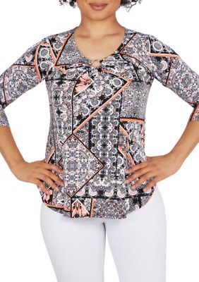 Women's Patchwork Print Puff Knit Top