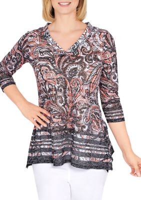 Petite Knit V-Neck Paisley Burnout Top